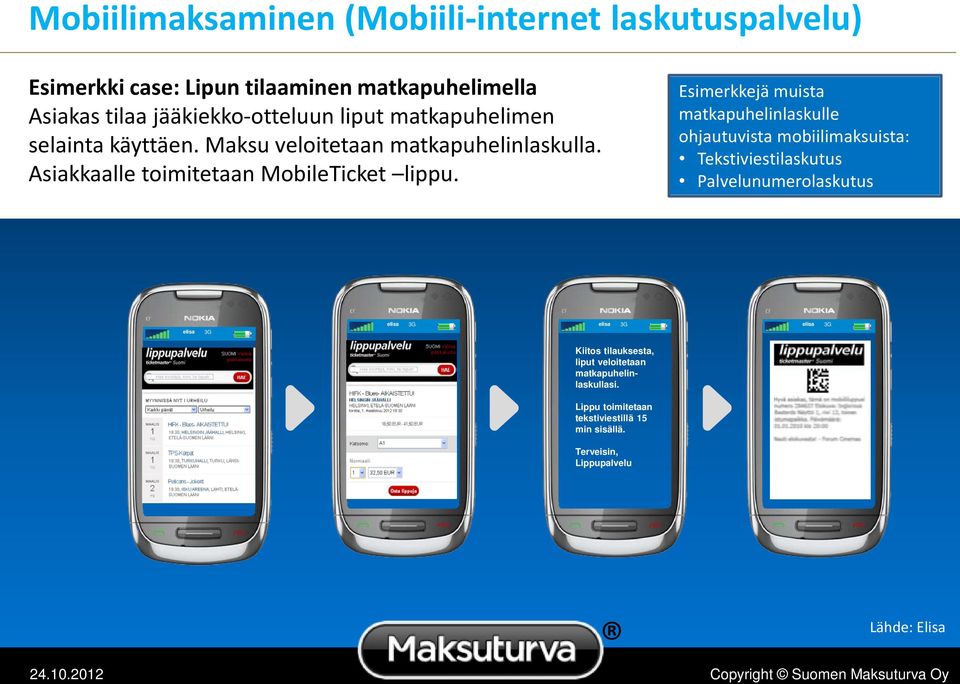 Esimerkkejä muista matkapuhelinlaskulle ohjautuvista mobiilimaksuista: Tekstiviestilaskutus Palvelunumerolaskutus elisa 3G elisa 3G elisa