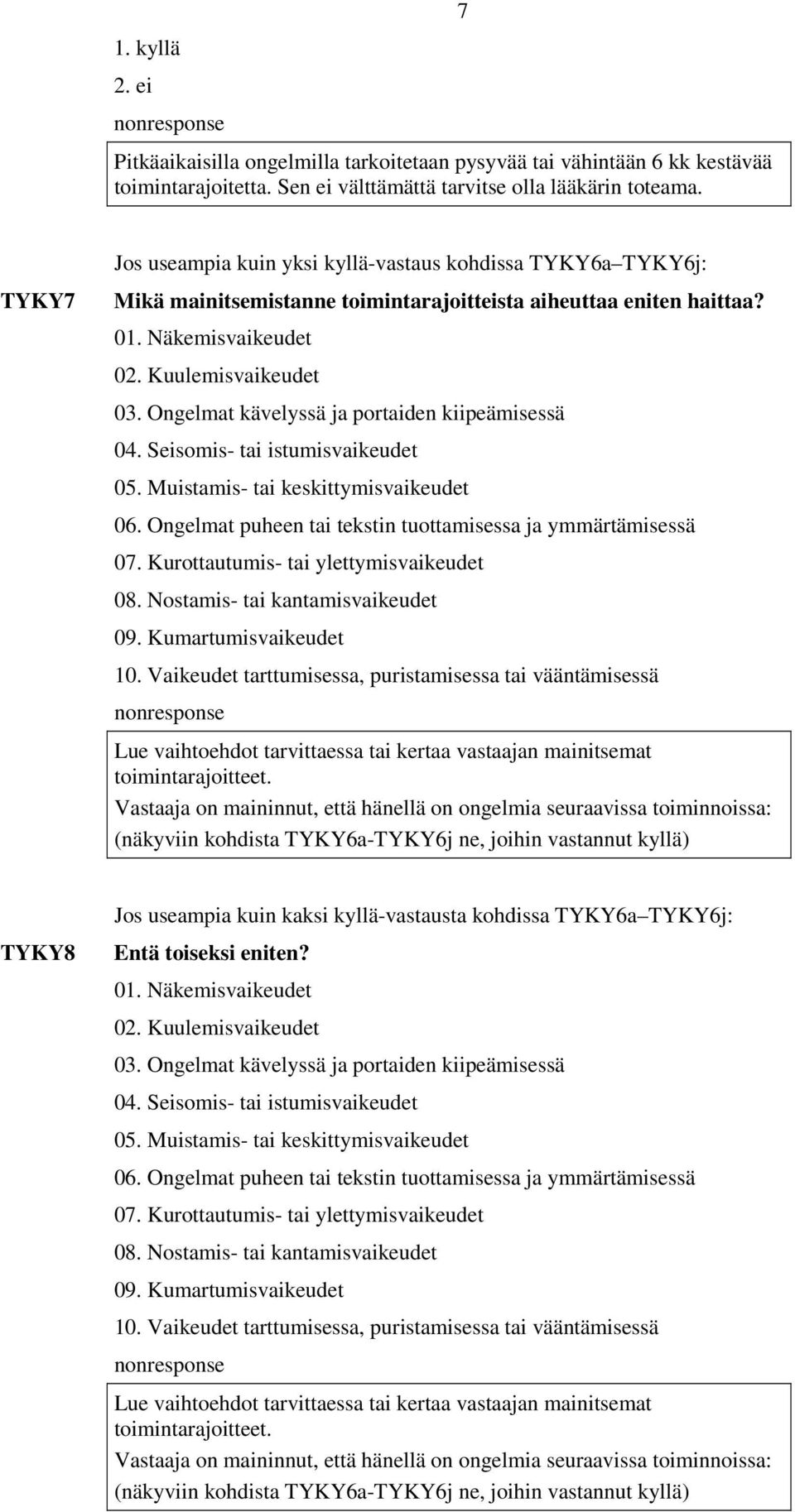 Kurottautumis- tai ylettymisvaikeudet 08. Nostamis- tai kantamisvaikeudet 09. Kumartumisvaikeudet 10.