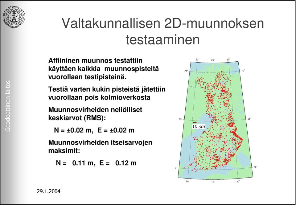 Testiä varten kukin pisteistä jätettiin vuorollaan pois kolmioverkosta Muunnosvirheiden