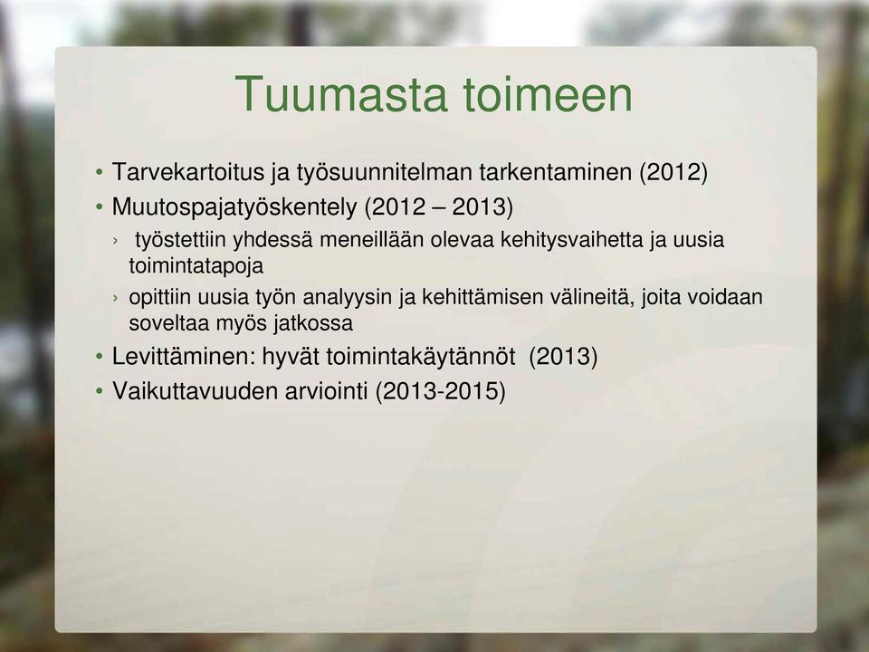 ja uusia toimintatapoja opittiin uusia työn analyysin ja kehittämisen välineitä, joita