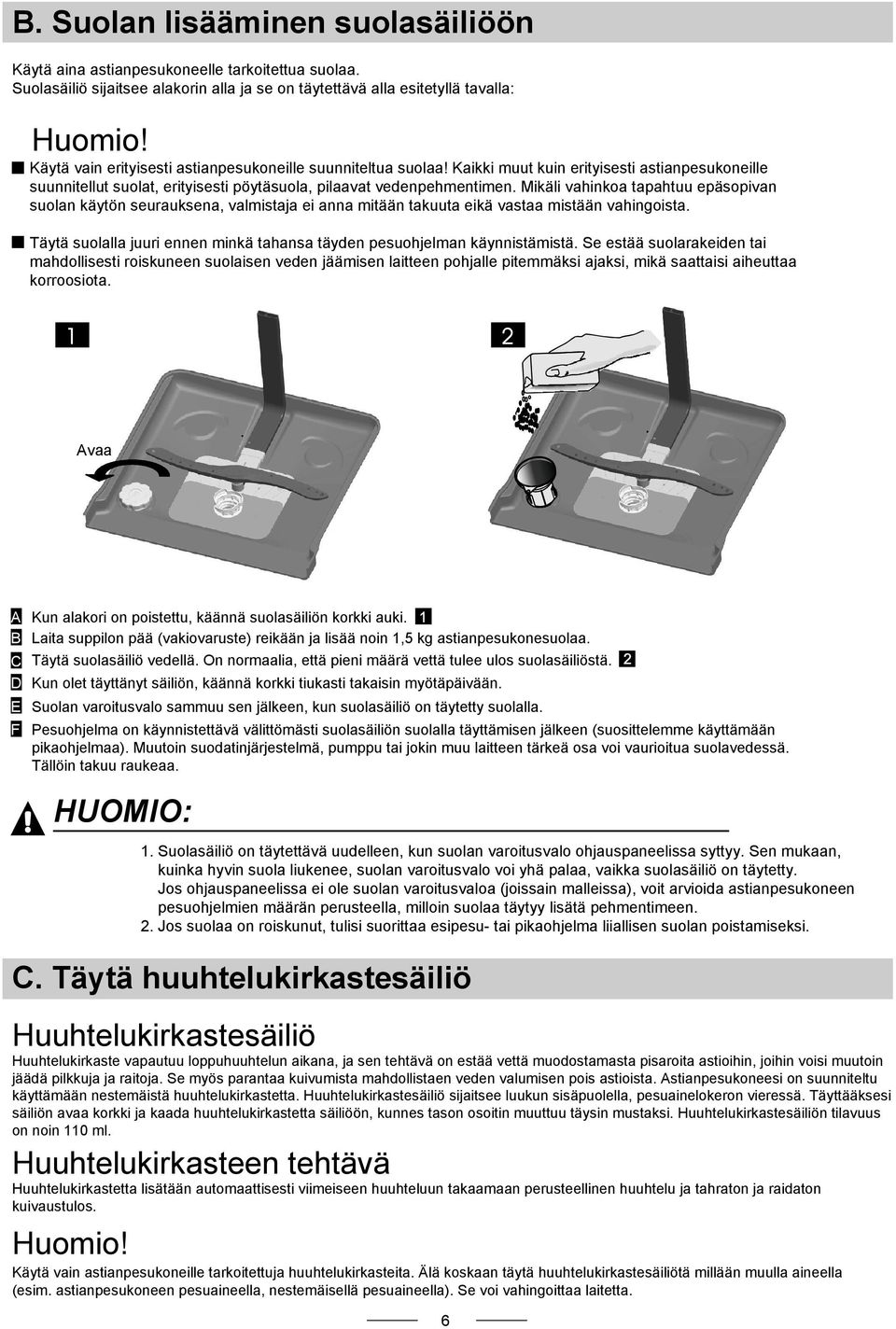 Mikäli vahinkoa tapahtuu epäsopivan suolan käytön seurauksena, valmistaja ei anna mitään takuuta eikä vastaa mistään vahingoista.