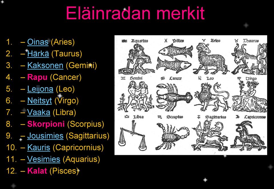 Neitsyt (Virgo) 7. Vaaka (Libra) 8. Skorpioni (Scorpius) 9.