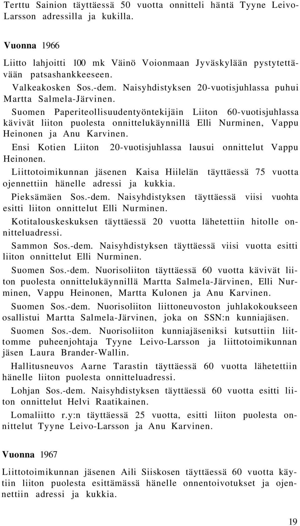 Suomen Paperiteollisuudentyöntekijäin Liiton 60-vuotisjuhlassa kävivät liiton puolesta onnittelukäynnillä Elli Nurminen, Vappu Heinonen ja Anu Karvinen.