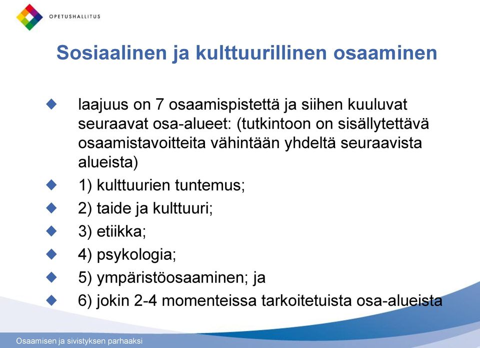 seuraavista alueista) 1) kulttuurien tuntemus; 2) taide ja kulttuuri; 3) etiikka; 4)