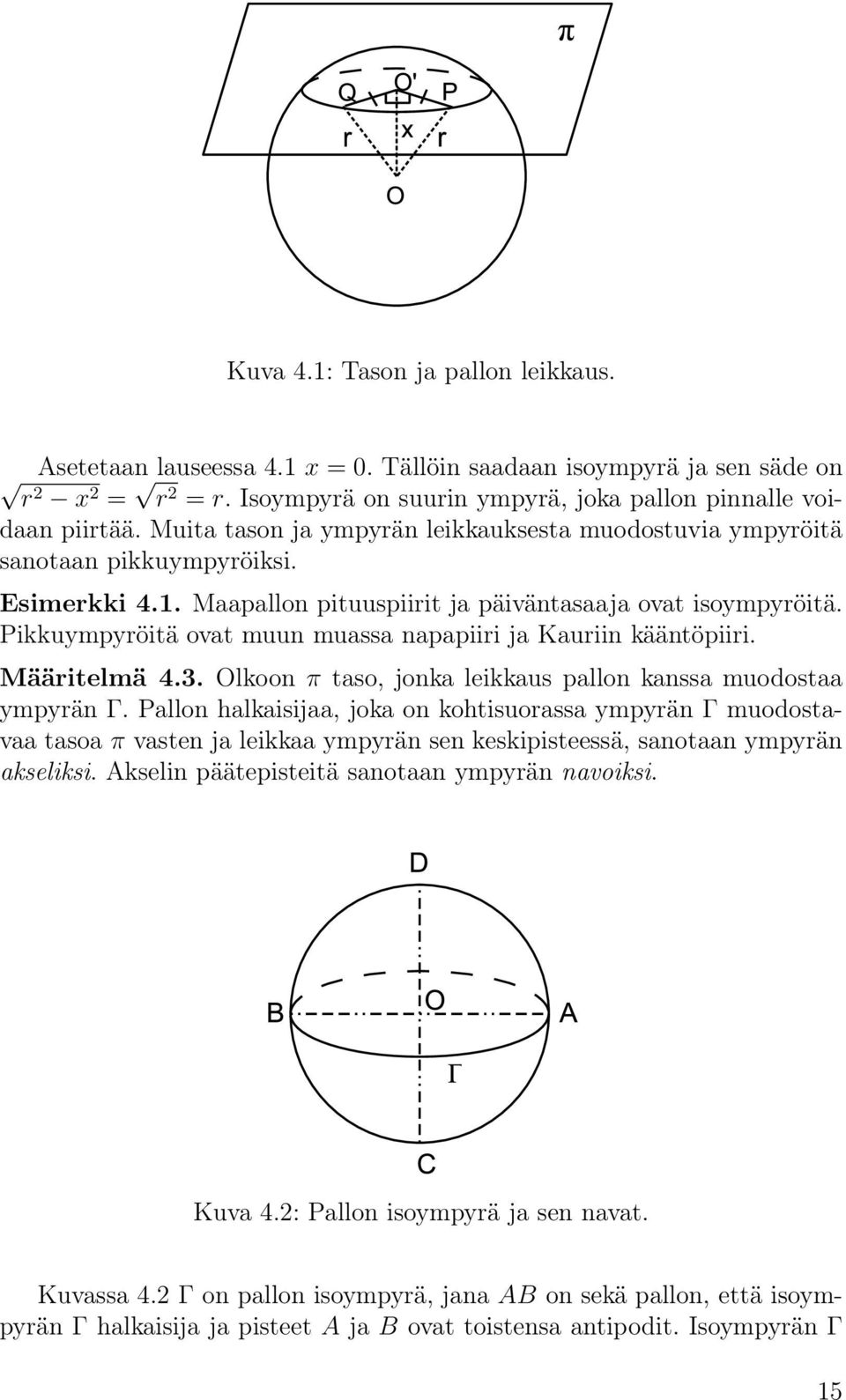 Pikkuympyröitä ovat muun muassa napapiiri ja Kauriin kääntöpiiri. Määritelmä 4.3. Olkoon π taso, jonka leikkaus pallon kanssa muodostaa ympyrän Γ.