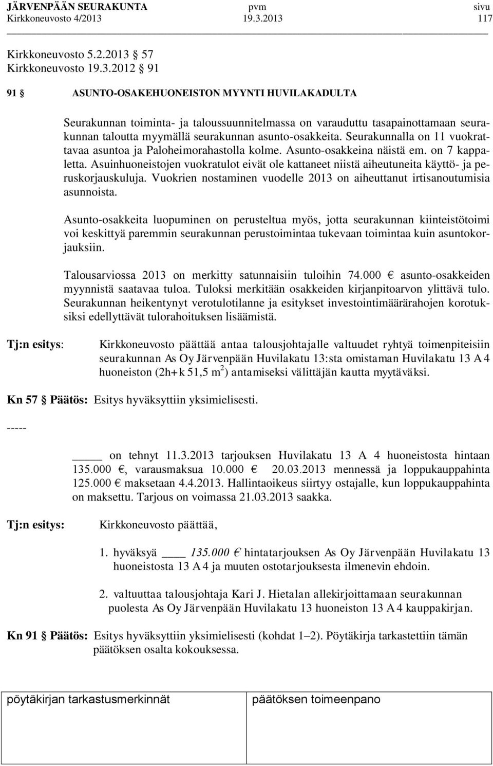 Seurakunnalla on 11 vuokrattavaa asuntoa ja Paloheimorahastolla kolme. Asunto-osakkeina näistä em. on 7 kappaletta.