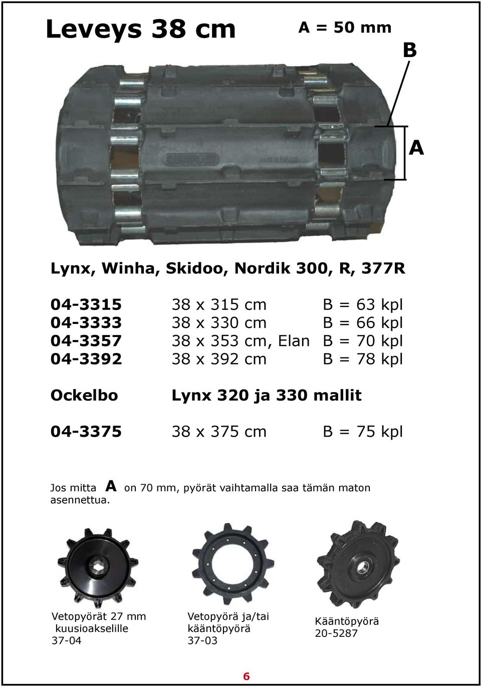 Ockelbo Lynx 320 ja 330 mallit 04-3375 38 x 375 cm B = 75 kpl Jos mitta A on 70 mm, pyörät vaihtamalla