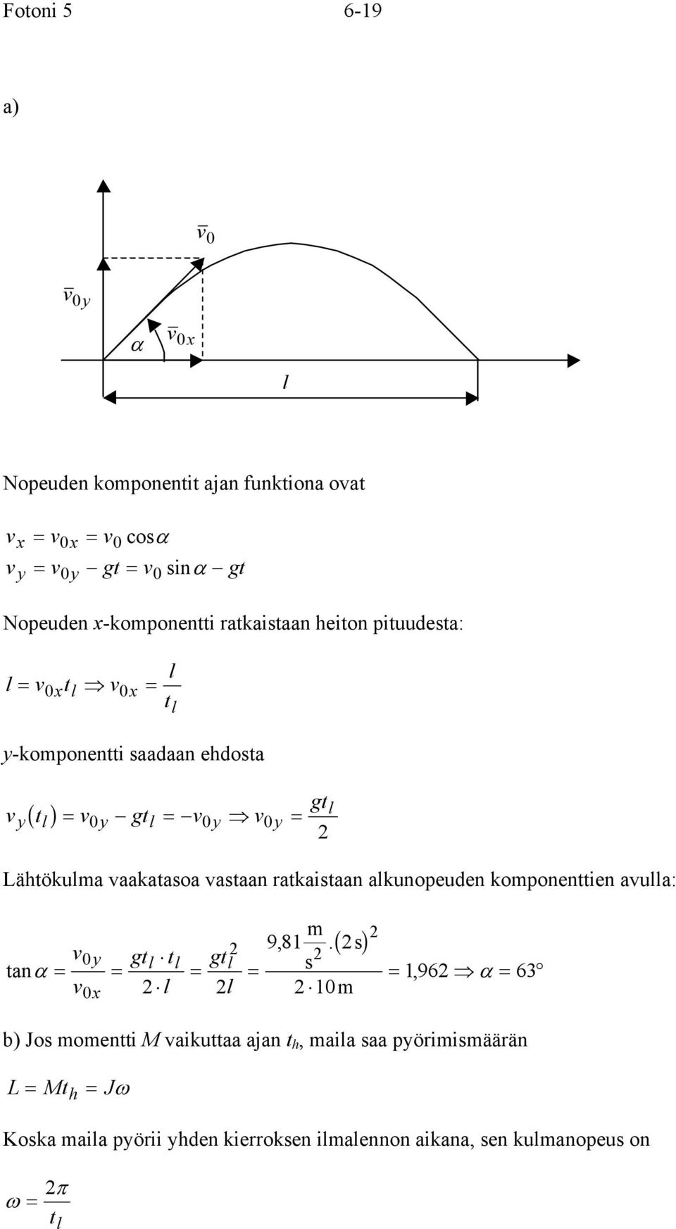 Lähtökula vaakataoa vataan atkaitaan alkunopeuden koponenttien avulla: v0y tanα = = v0x 98,.