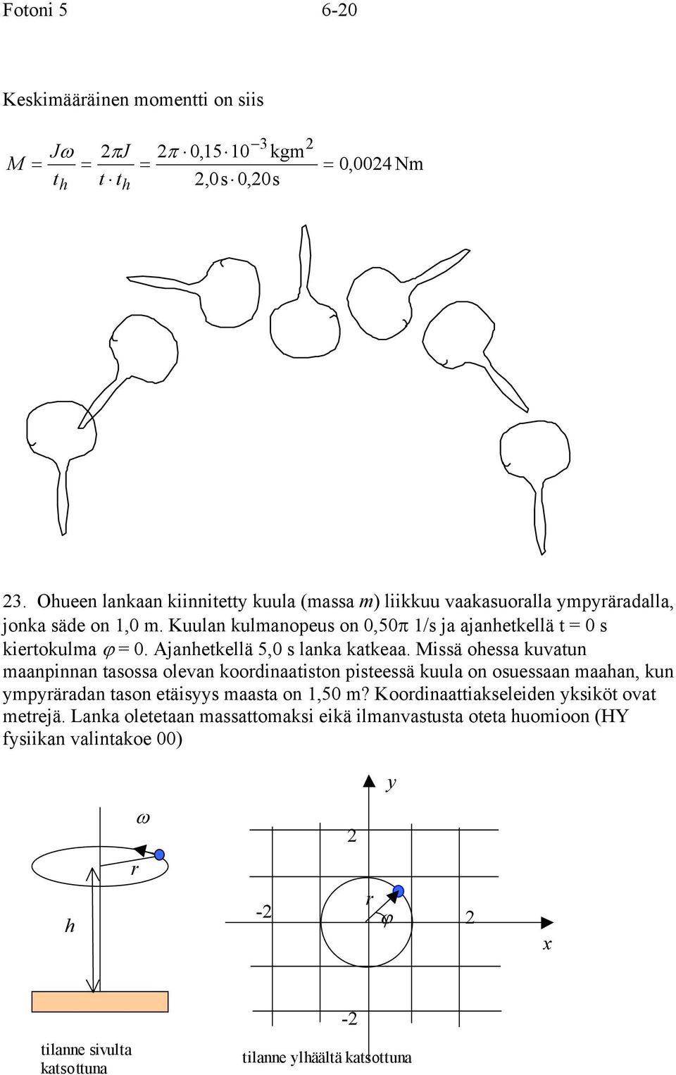 Kuulan kulanopeu on 0,50π / ja ajanhetkellä t = 0 kietokula ϕ = 0. Ajanhetkellä 5,0 lanka katkeaa.