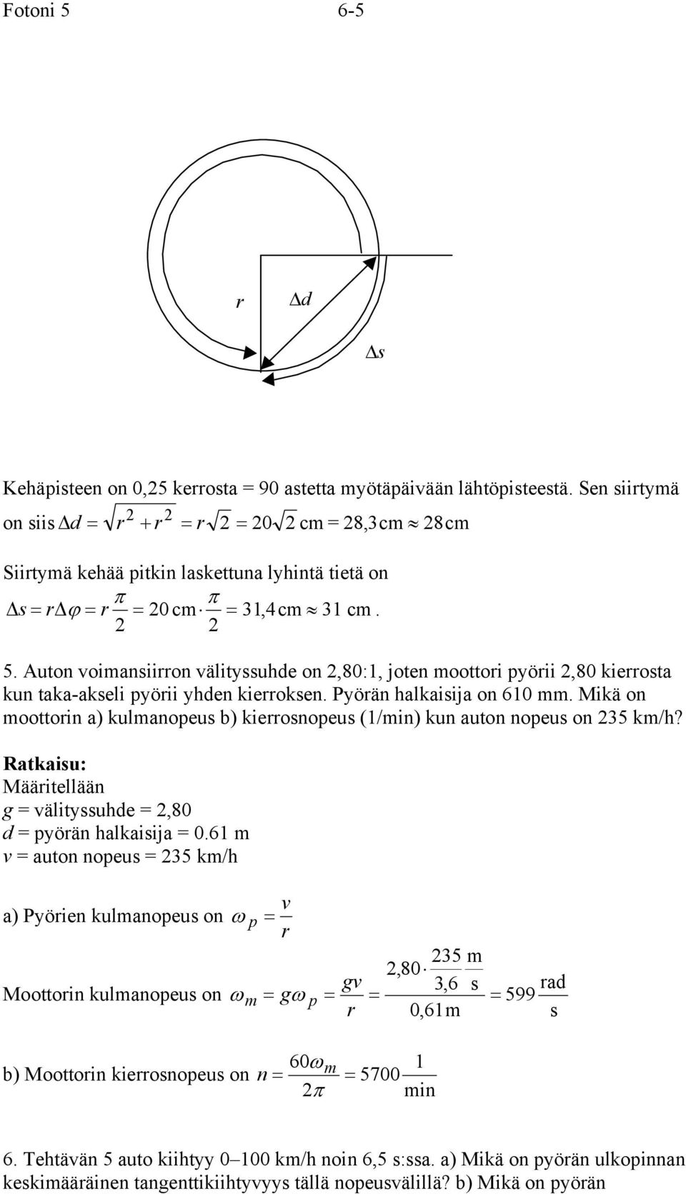 Mikä on oottoin a) kulanopeu b) kieonopeu (/in) kun auton nopeu on 35 k/h? Ratkaiu: Määitellään g = välityuhde =,80 d = pyöän halkaiija = 0.