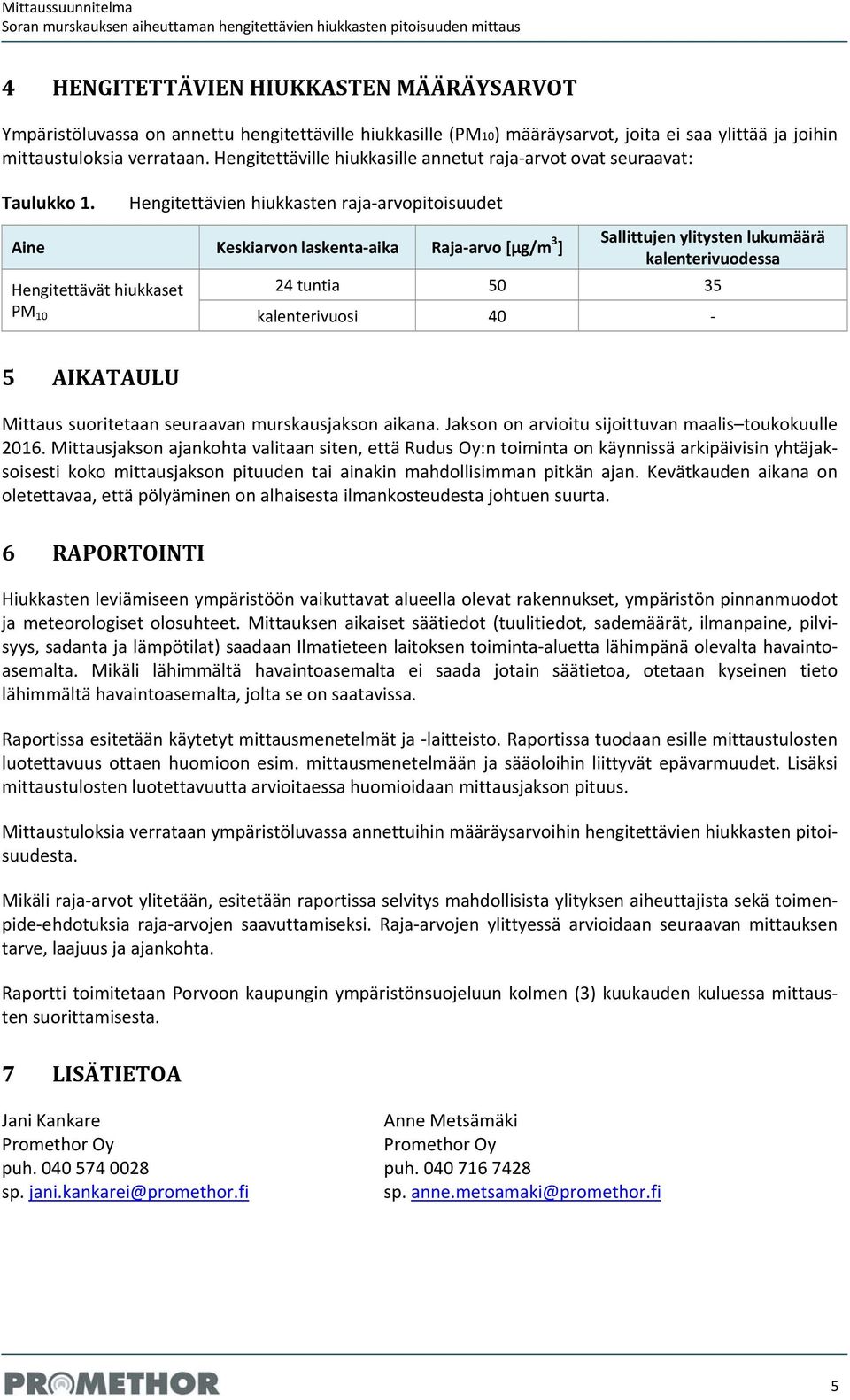 Hengitettävien hiukkasten raja arvopitoisuudet Aine Keskiarvon laskenta aika Raja arvo [µg/m 3 ] Hengitettävät hiukkaset PM 10 Sallittujen ylitysten lukumäärä kalenterivuodessa 24 tuntia 50 35