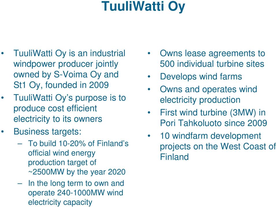 year 2020 In the long term to own and operate 240-1000MW wind electricity capacity Owns lease agreements to 500 individual turbine sites Develops wind