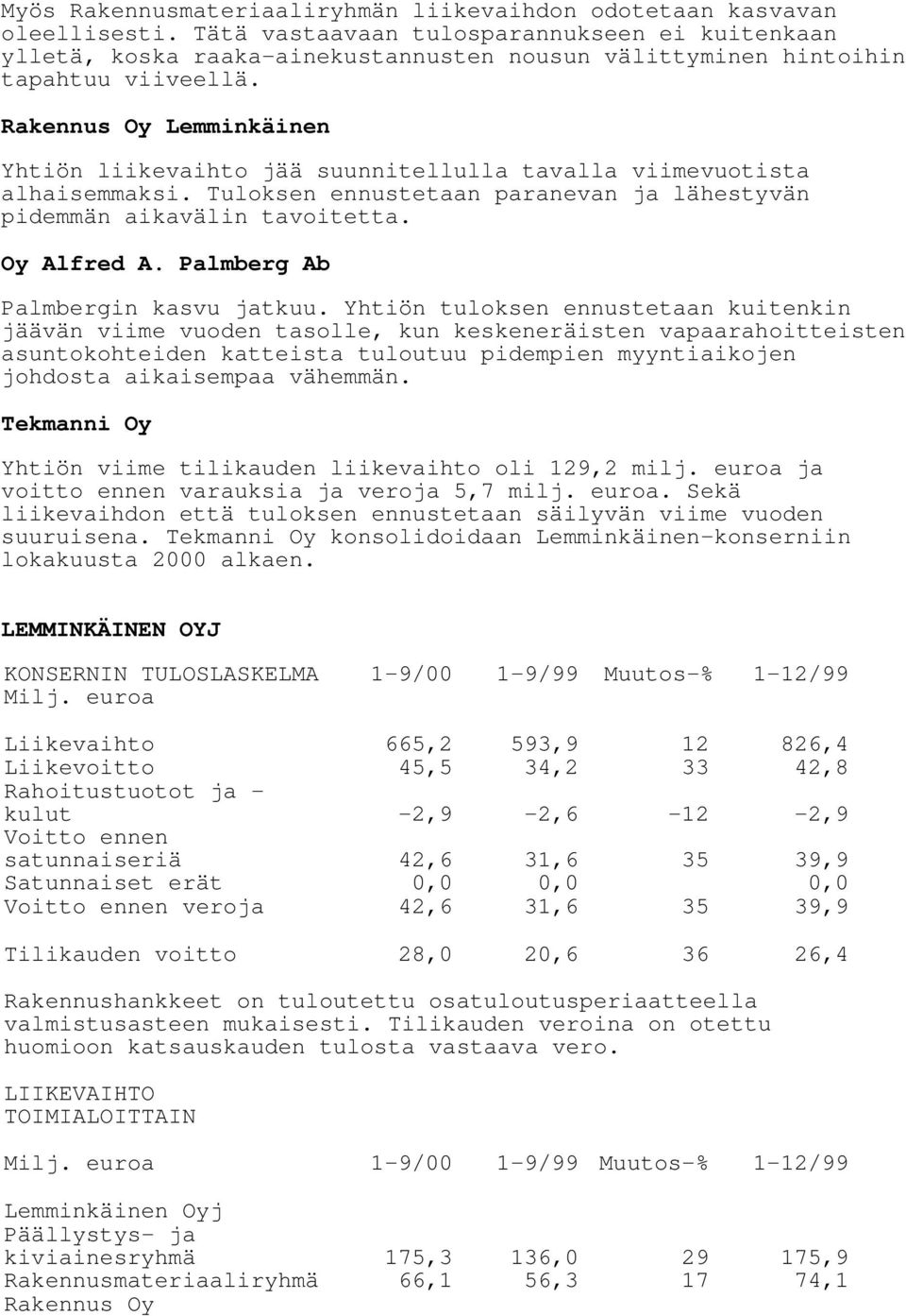 Rakennus Oy Lemminkäinen Yhtiön liikevaihto jää suunnitellulla tavalla viimevuotista alhaisemmaksi. Tuloksen ennustetaan paranevan ja lähestyvän pidemmän aikavälin tavoitetta. Oy Alfred A.