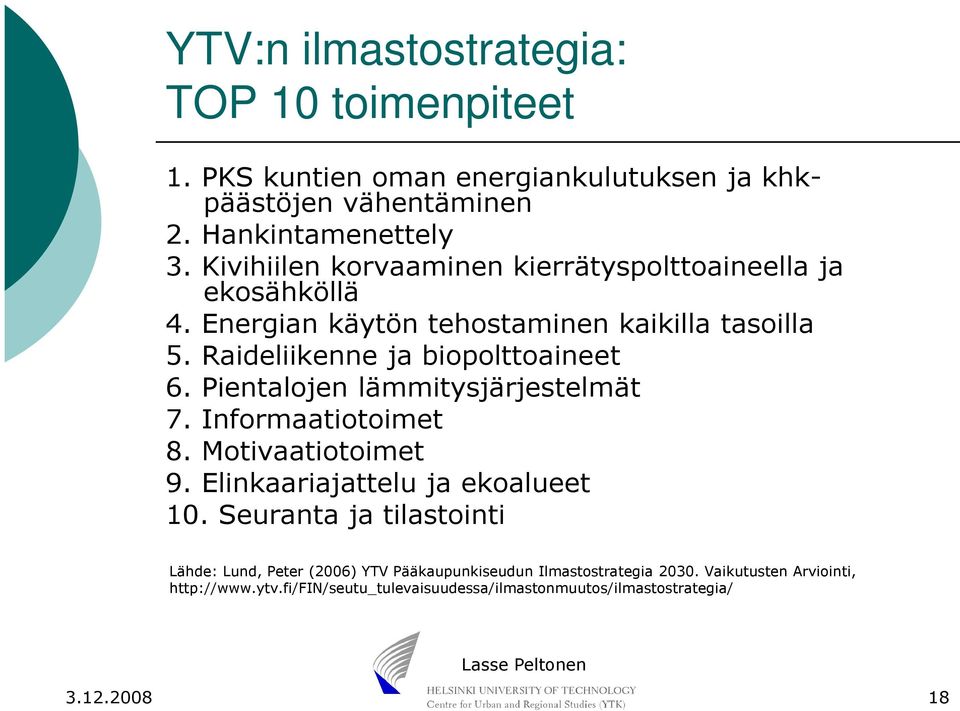 Pientalojen lämmitysjärjestelmät 7. Informaatiotoimet 8. Motivaatiotoimet 9. Elinkaariajattelu ja ekoalueet 10.