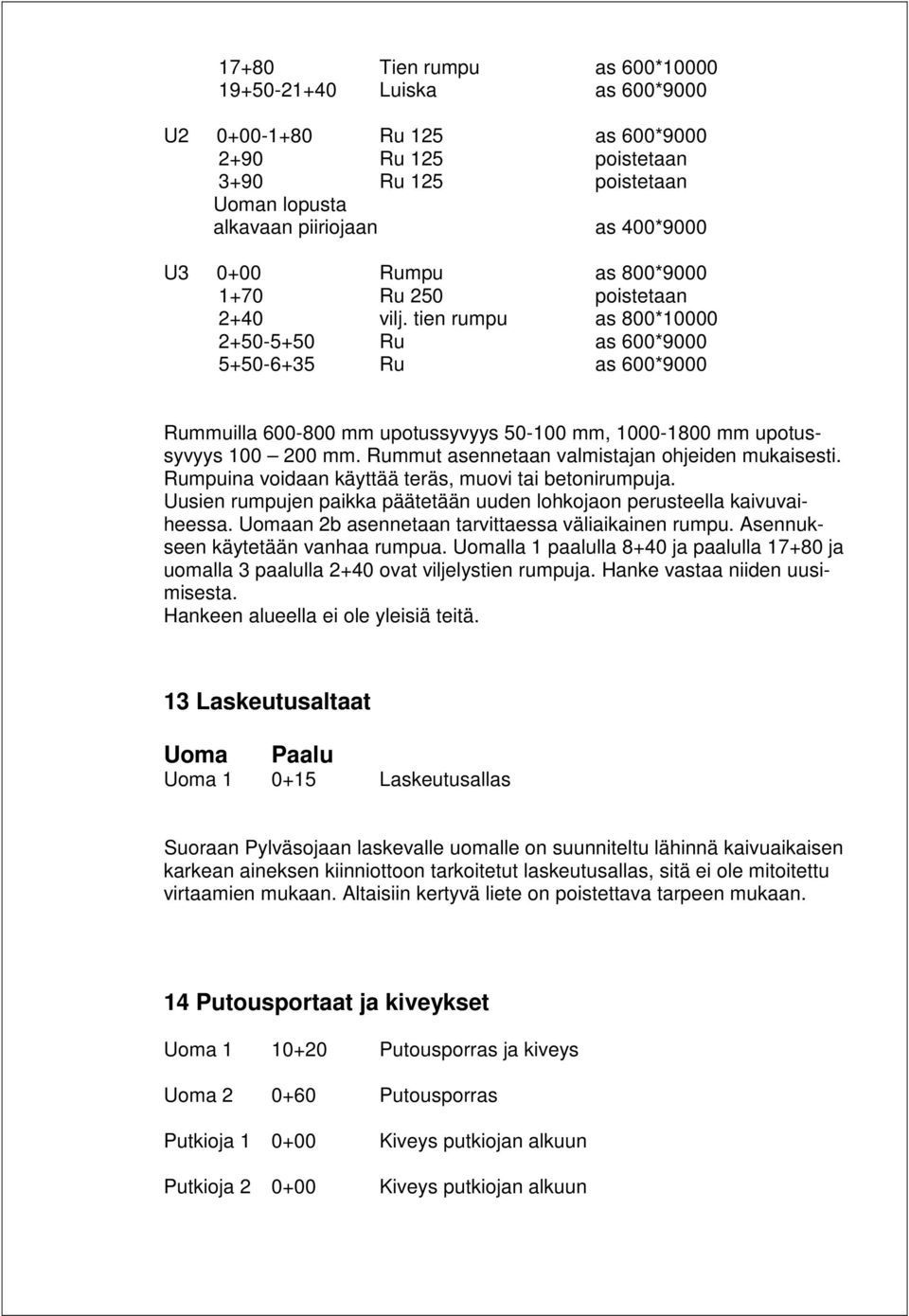 Rummut asennetaan valmistajan ohjeiden mukaisesti. Rumpuina voidaan käyttää teräs, muovi tai betonirumpuja. Uusien rumpujen paikka päätetään uuden lohkojaon perusteella kaivuvaiheessa.