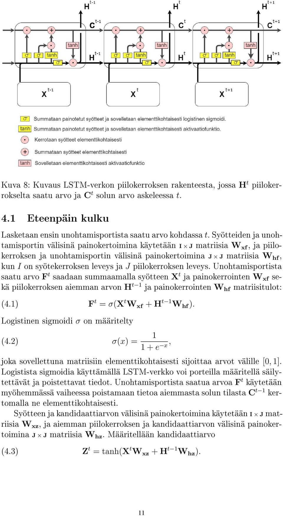 Syötteiden ja unohtamisportin välisinä painokertoimina käytetään I J matriisia W xf, ja piilokerroksen ja unohtamisportin välisinä painokertoimina J J matriisia W hf, kun I on syötekerroksen leveys