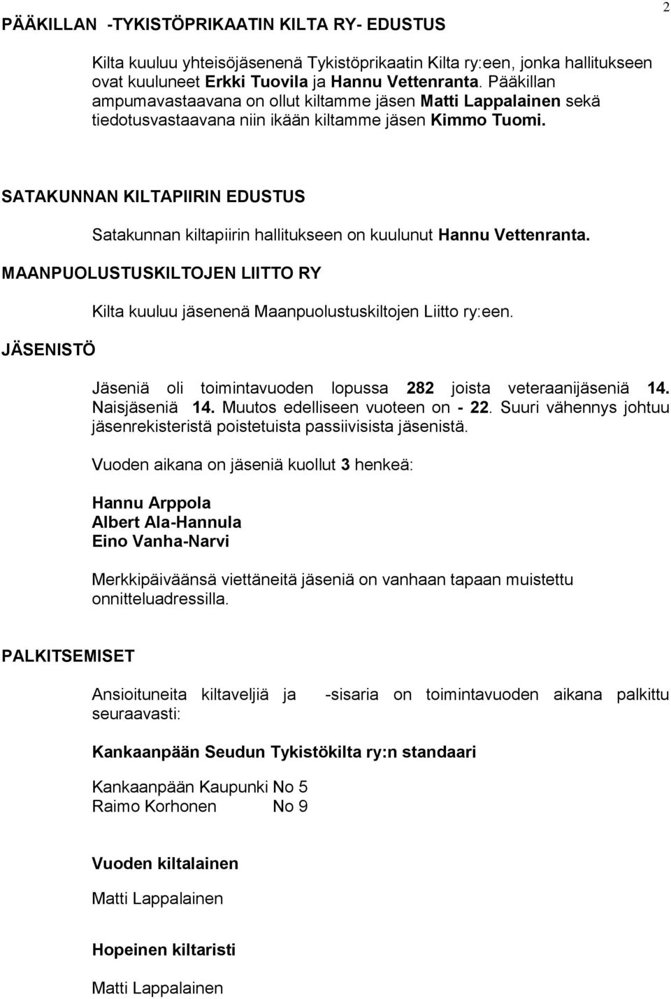 SATAKUNNAN KILTAPIIRIN EDUSTUS Satakunnan kiltapiirin hallitukseen on kuulunut Hannu Vettenranta. MAANPUOLUSTUSKILTOJEN LIITTO RY JÄSENISTÖ Kilta kuuluu jäsenenä Maanpuolustuskiltojen Liitto ry:een.