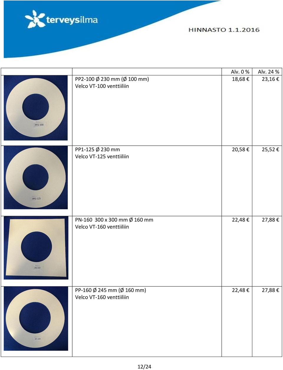 PN-160 300 x 300 mm Ø 160 mm Velco VT-160 venttiiliin 22,48