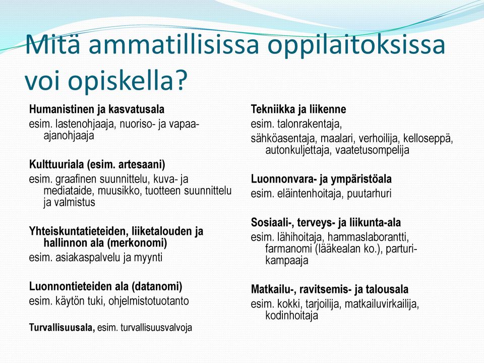 asiakaspalvelu ja myynti Luonnontieteiden ala (datanomi) esim. käytön tuki, ohjelmistotuotanto Turvallisuusala, esim. turvallisuusvalvoja Tekniikka ja liikenne esim.