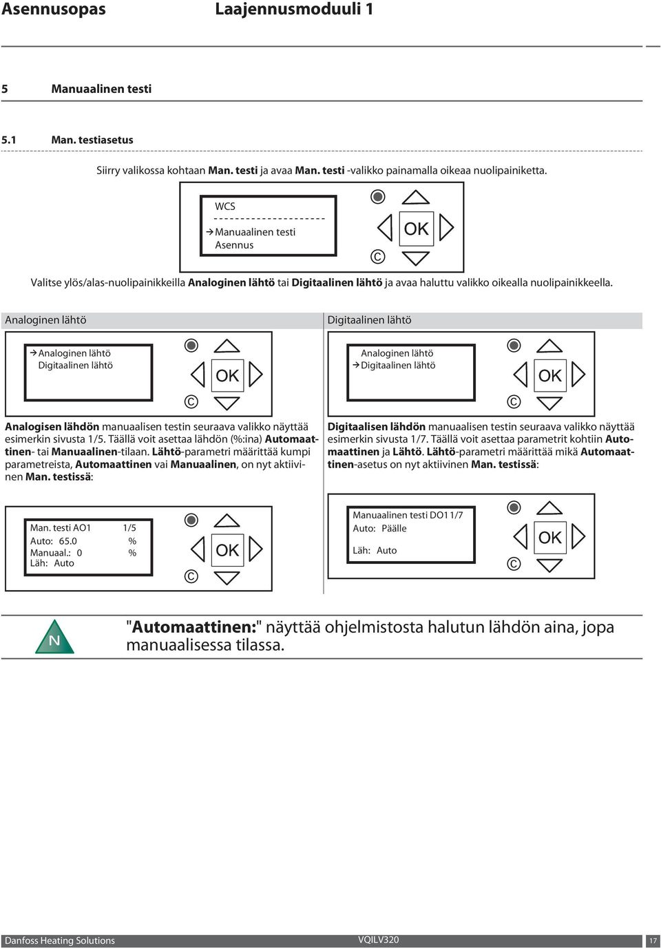 Analoginen lähtö Digitaalinen lähtö Analoginen lähtö Digitaalinen lähtö Analoginen lähtö Digitaalinen lähtö Analogisen lähdön manuaalisen testin seuraava valikko näyttää esimerkin sivusta 1/5.