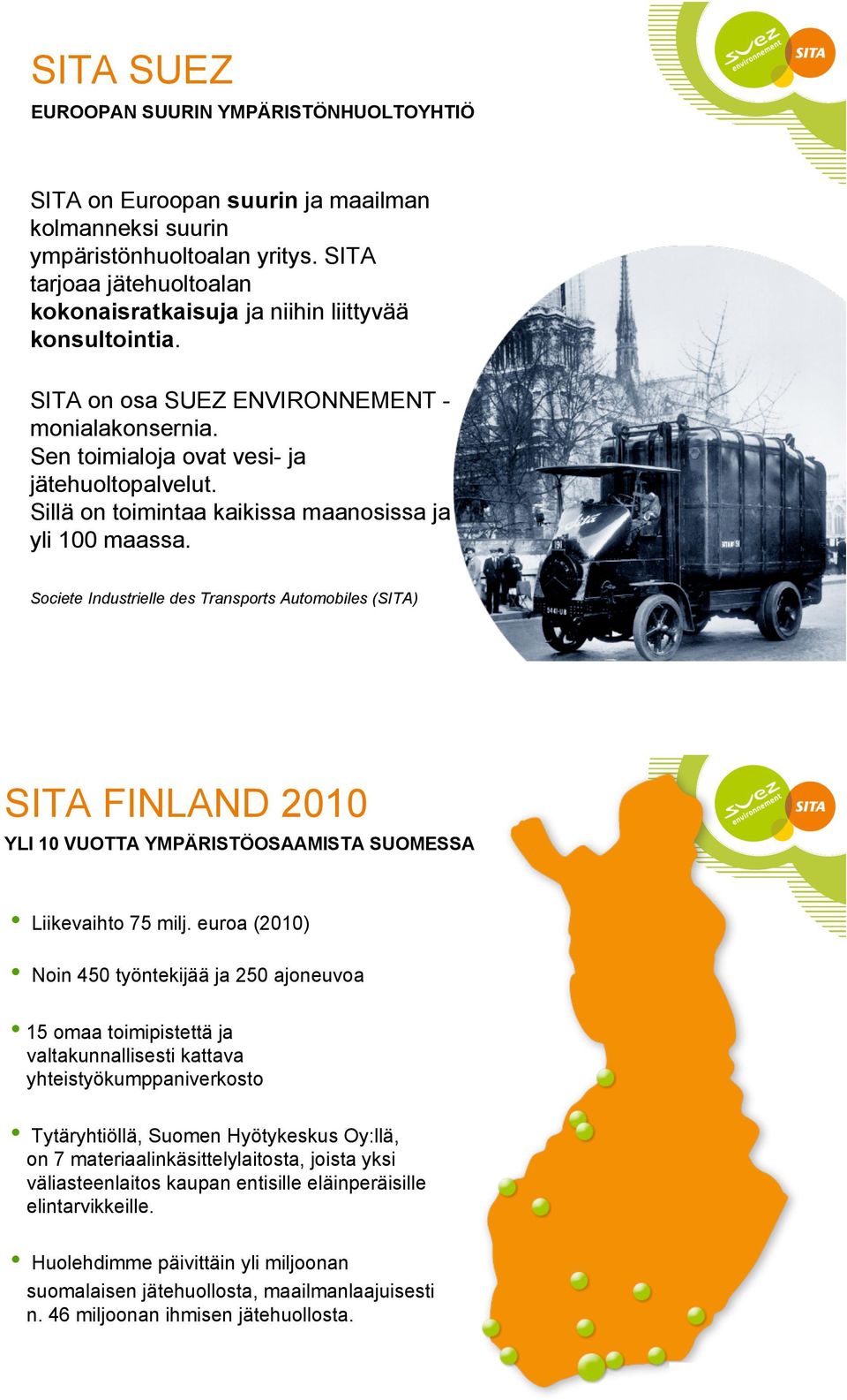 Sillä on toimintaa kaikissa maanosissa ja yli 100 maassa. Societe Industrielle des Transports Automobiles (SITA) SITA FINLAND 2010 YLI 10 VUOTTA YMPÄRISTÖOSAAMISTA SUOMESSA Liikevaihto 75 milj.