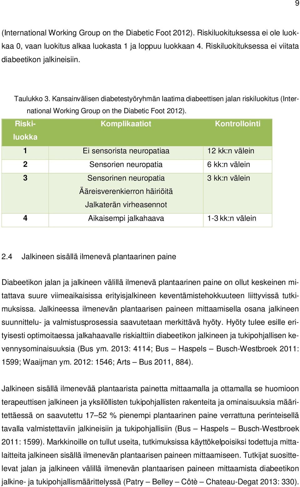 Riskiluokka Komplikaatiot Kontrollointi 1 Ei sensorista neuropatiaa 12 kk:n välein 2 Sensorien neuropatia 6 kk:n välein 3 Sensorinen neuropatia 3 kk:n välein Ääreisverenkierron häiriöitä Jalkaterän