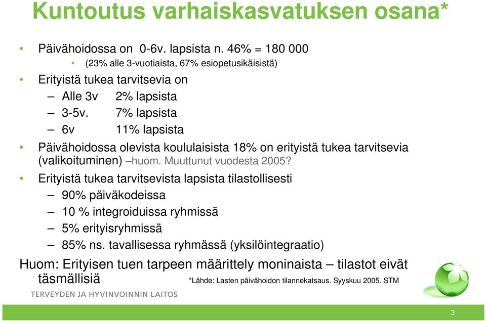 7% lapsista 6v 11% lapsista Päivähoidossa olevista koululaisista 18% on erityistä tukea tarvitsevia (valikoituminen) huom. Muuttunut vuodesta 2005?