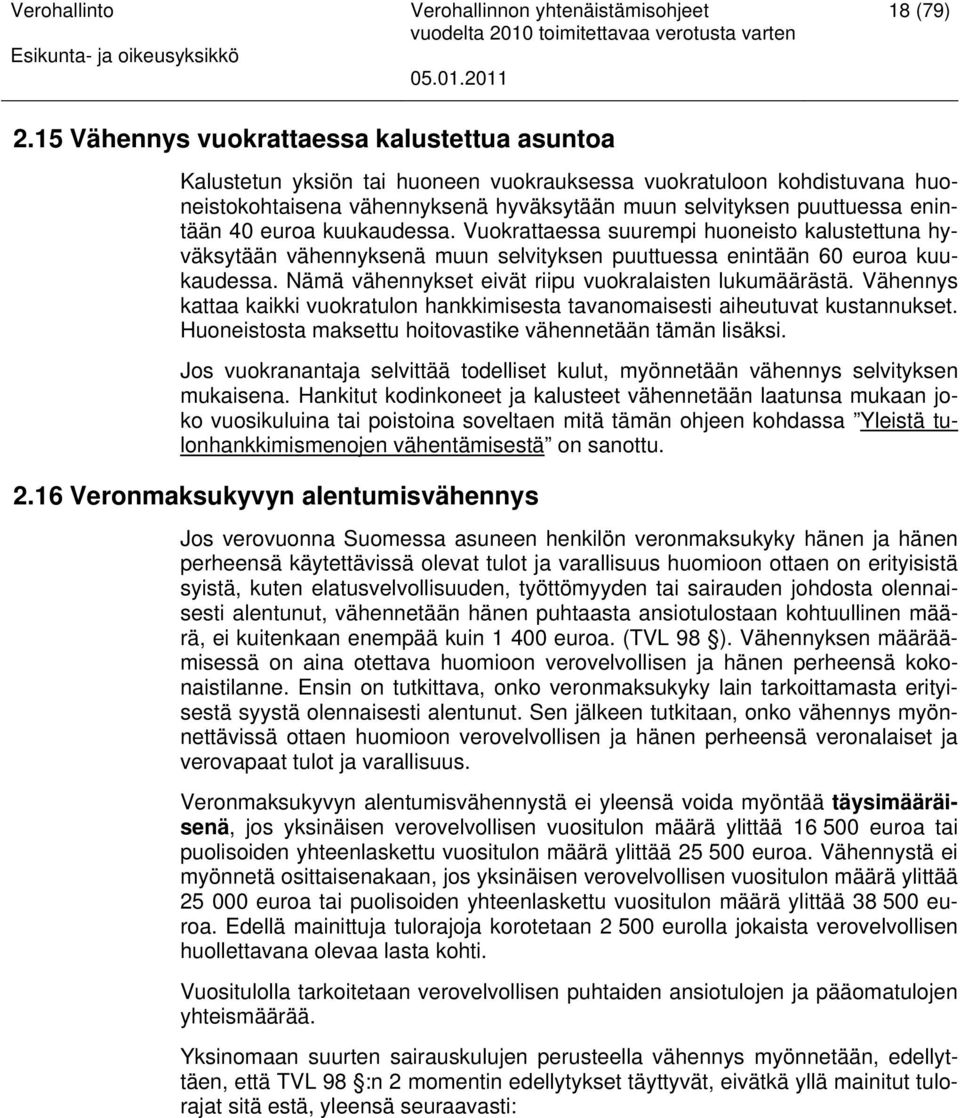 40 euroa kuukaudessa. Vuokrattaessa suurempi huoneisto kalustettuna hyväksytään vähennyksenä muun selvityksen puuttuessa enintään 60 euroa kuukaudessa.