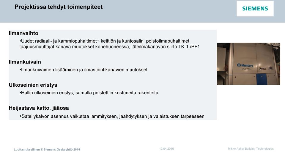 Ilmankuivaimen lisääminen ja ilmastointikanavien muutokset Ulkoseinien eristys Hallin ulkoseinien eristys, samalla