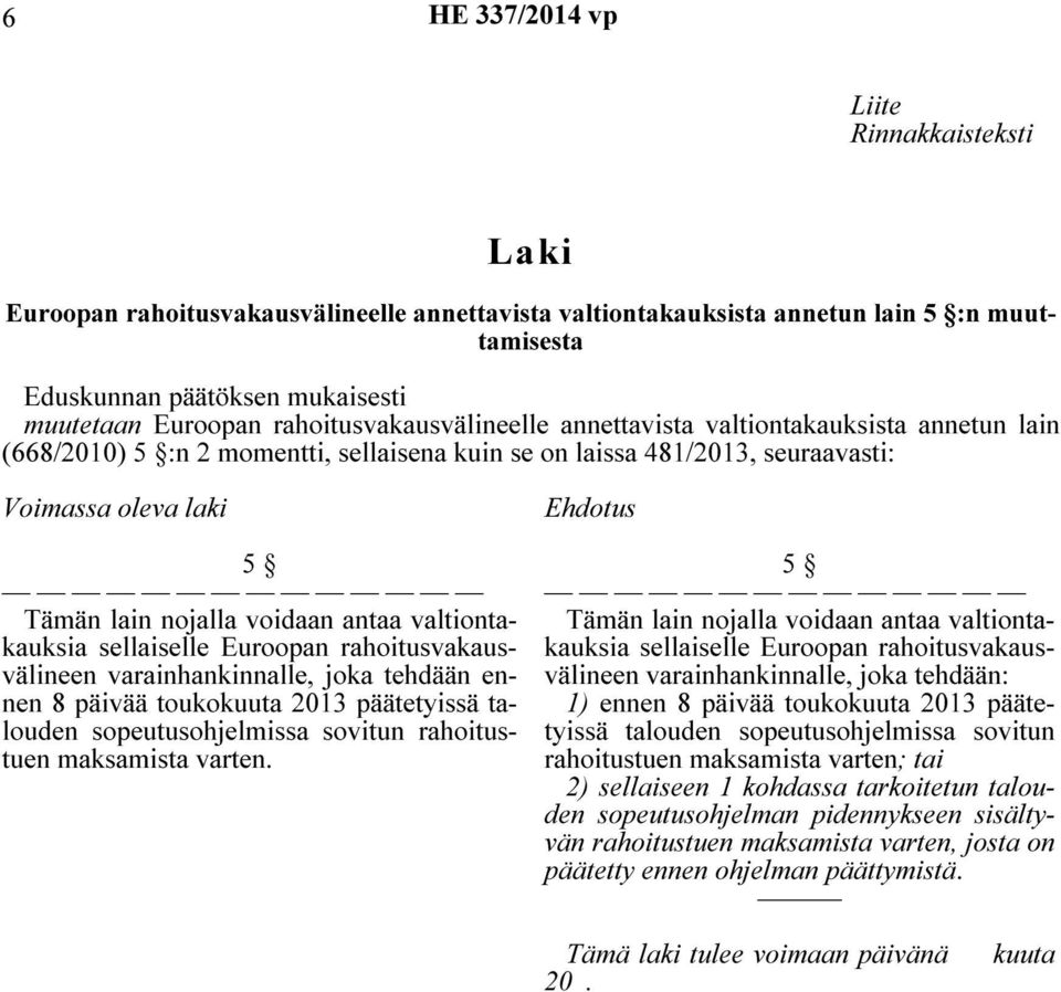 antaa valtiontakauksia sellaiselle Euroopan rahoitusvakausvälineen varainhankinnalle, joka tehdään ennen 8 päivää toukokuuta 2013 päätetyissä talouden sopeutusohjelmissa sovitun rahoitustuen