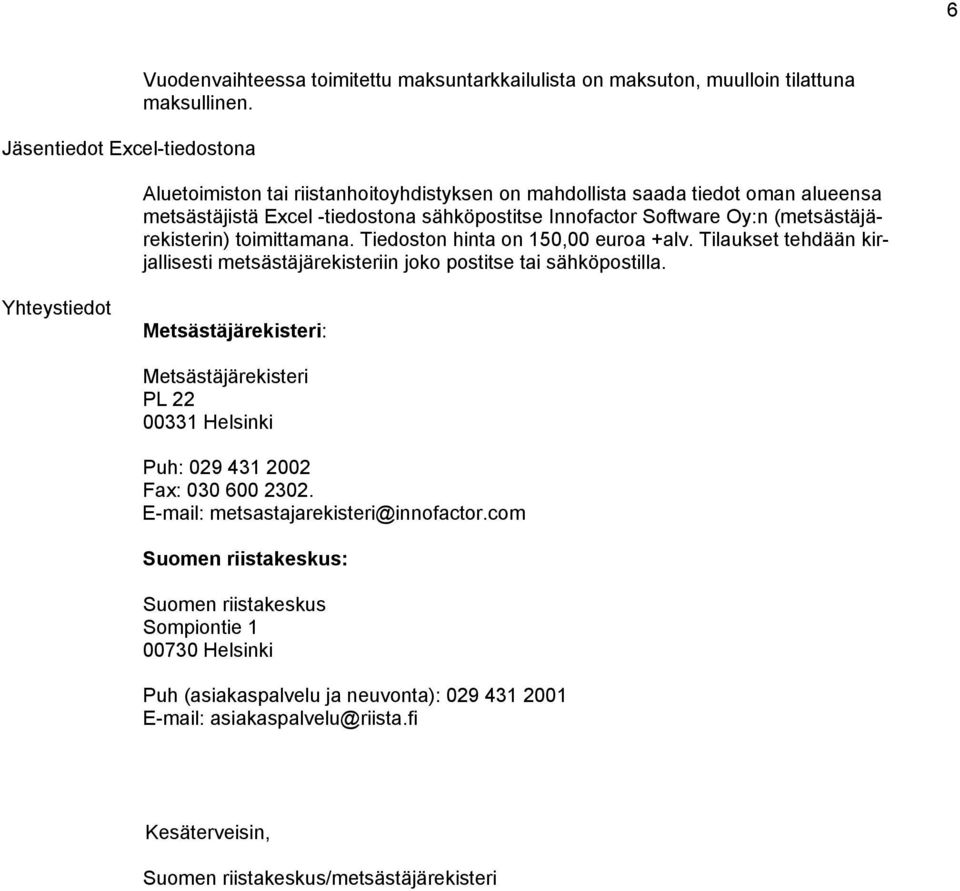 Tiedoston hinta on 150,00 euroa +alv. Tilaukset tehdään kirjallisesti metsästäjärekisteriin joko postitse tai sähköpostilla.