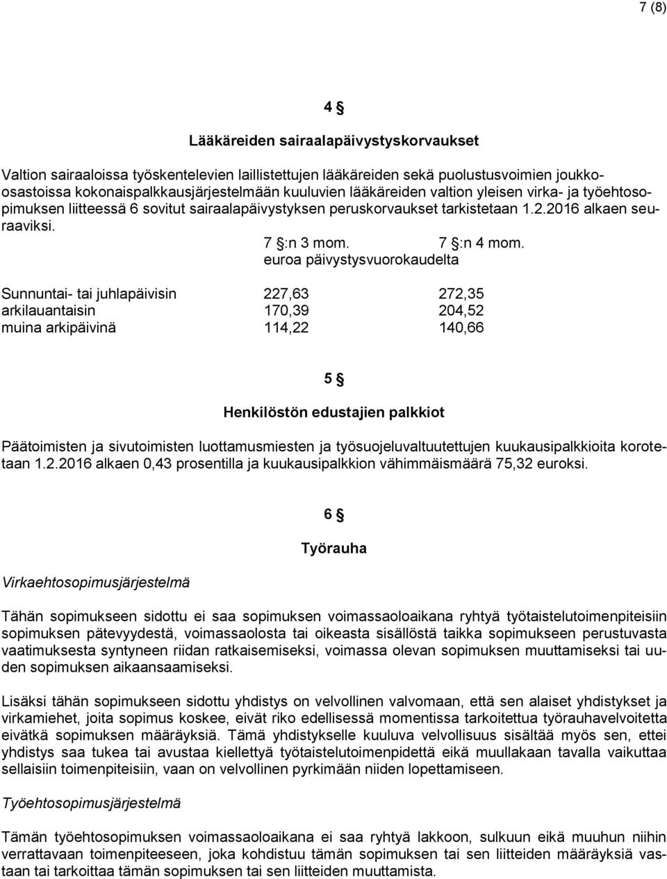 euroa päivystysvuorokaudelta Sunnuntai- tai juhlapäivisin 227,63 272,35 arkilauantaisin 170,39 204,52 muina arkipäivinä 114,22 140,66 5 Henkilöstön edustajien palkkiot Päätoimisten ja sivutoimisten