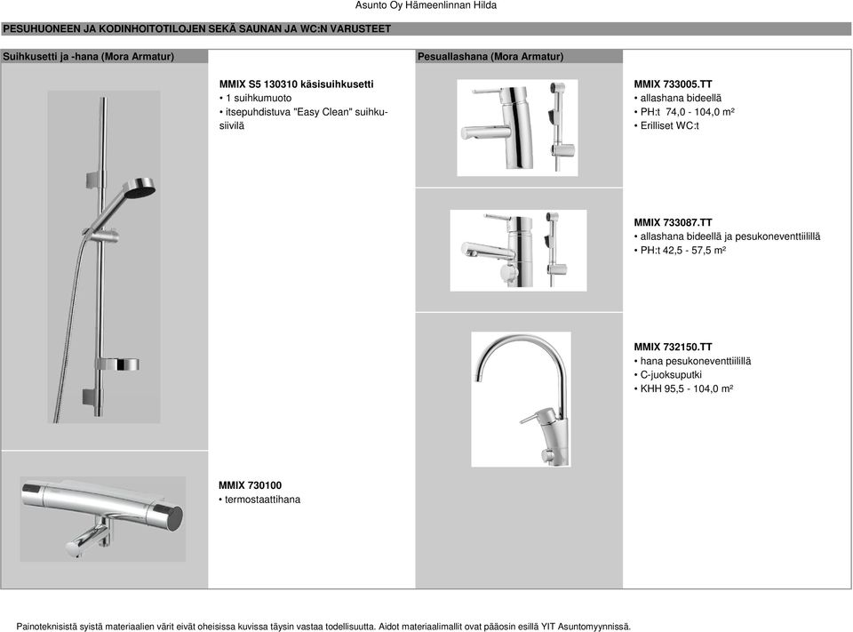 TT 1 suihkumuoto allashana bideellä itsepuhdistuva "Easy Clean" suihku- PH:t 74,0-104,0 m² siivilä Erilliset WC:t MMIX