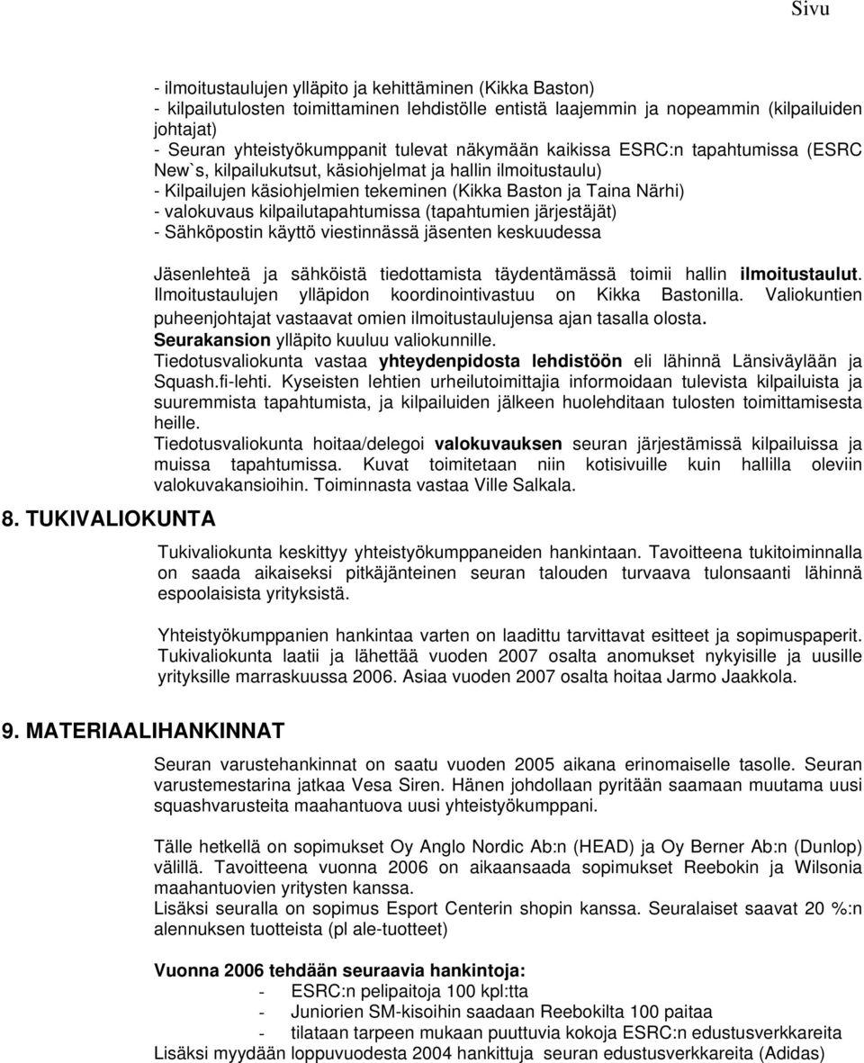 - valokuvaus kilpailutapahtumissa (tapahtumien järjestäjät) - Sähköpostin käyttö viestinnässä jäsenten keskuudessa Jäsenlehteä ja sähköistä tiedottamista täydentämässä toimii hallin ilmoitustaulut.
