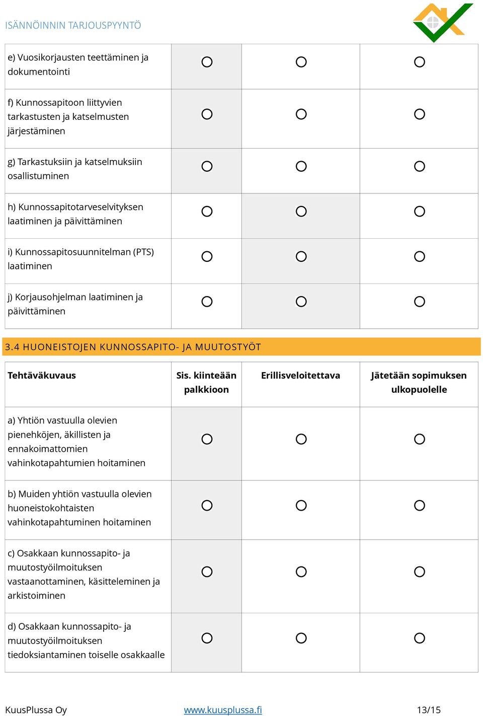 4 HUONEISTOJEN KUNNOSSAPITO- JA MUUTOSTYÖT a) Yhtiön vastuulla olevien pienehköjen, äkillisten ja ennakoimattomien vahinkotapahtumien hoitaminen b) Muiden yhtiön vastuulla olevien