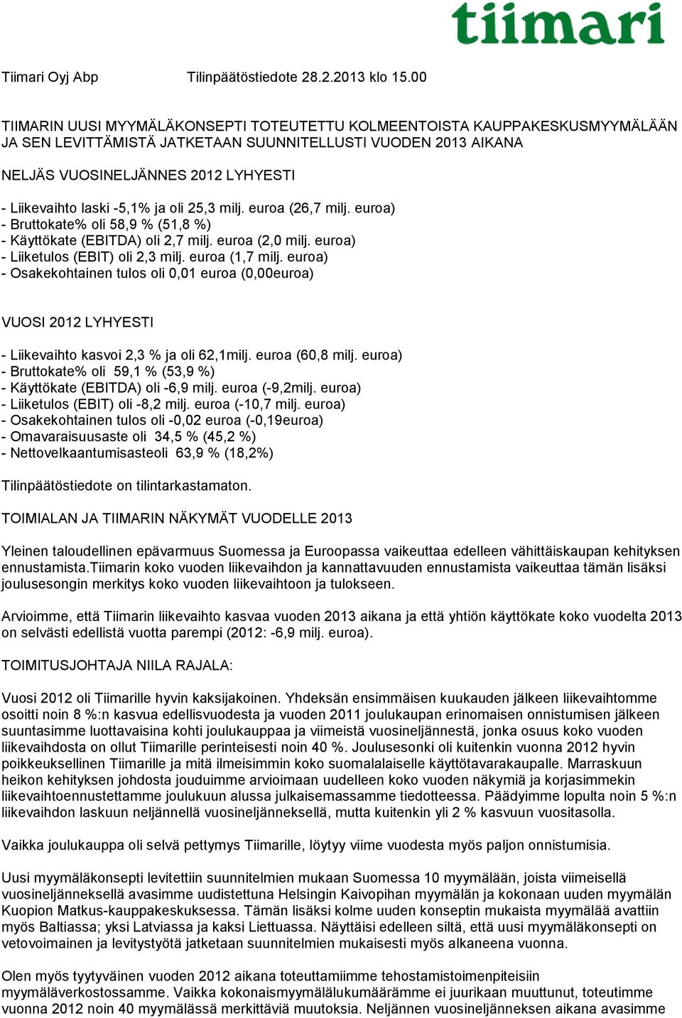 -5,1% ja oli 25,3 milj. euroa (26,7 milj. euroa) - Bruttokate% oli 58,9 % (51,8 %) - Käyttökate (EBITDA) oli 2,7 milj. euroa (2,0 milj. euroa) - Liiketulos (EBIT) oli 2,3 milj. euroa (1,7 milj.