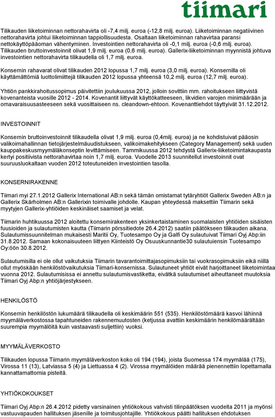 euroa (0,6 milj. euroa). Gallerix-liiketoiminnan myynnistä johtuva investointien nettorahavirta tilikaudella oli 1,7 milj. euroa. Konsernin rahavarat olivat tilikauden 2012 lopussa 1,7 milj.