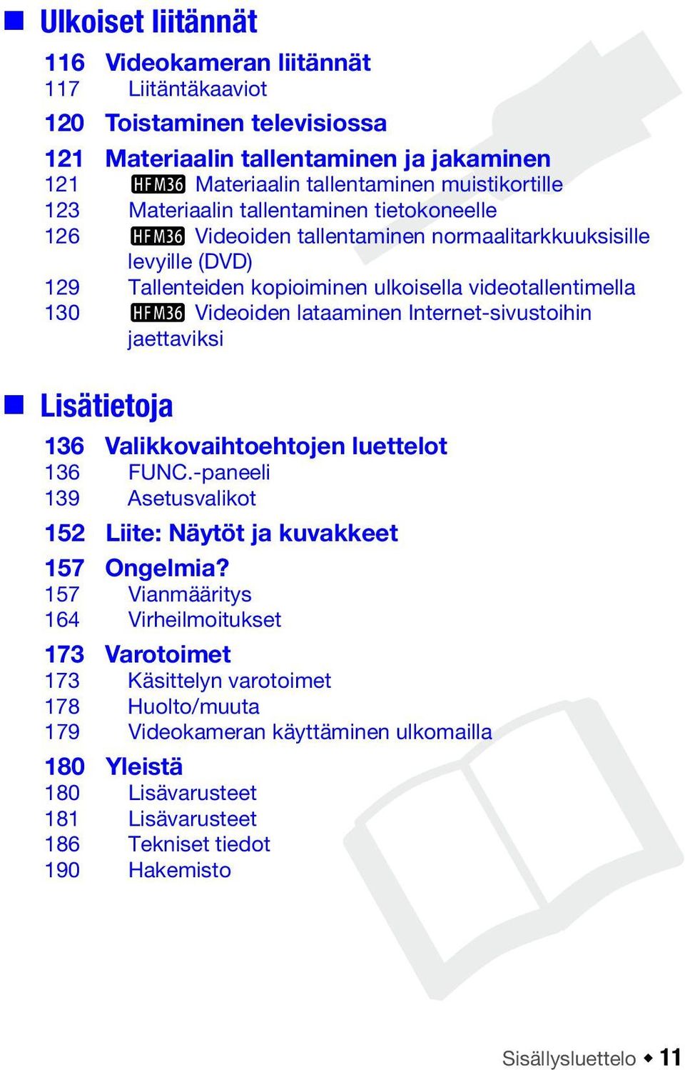 Internet-sivustoihin jaettaviksi Lisätietoja 136 Valikkovaihtoehtojen luettelot 136 FUNC.-paneeli 139 Asetusvalikot 152 Liite: Näytöt ja kuvakkeet 157 Ongelmia?