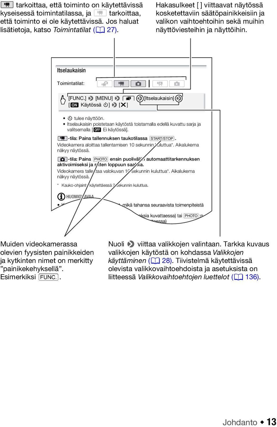 ] 8 [MENU] 8 8 8 [Itselaukaisin] 8 [A Käytössä n] 8 [a] n tulee näyttöön. Itselaukaisin poistetaan käytöstä toistamalla edellä kuvattu sarja ja valitsemalla [B Ei käytössä].
