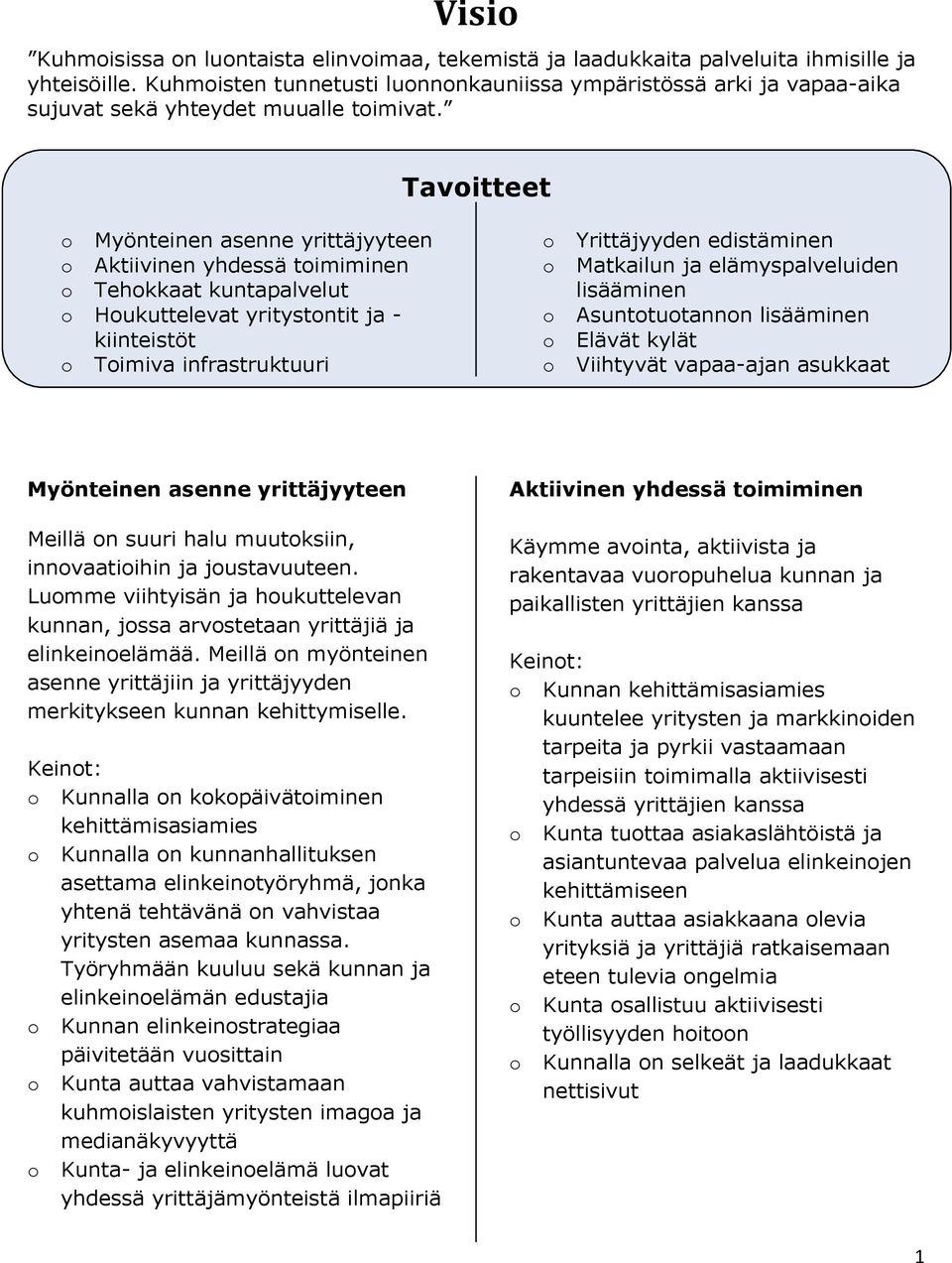 Tavitteet Myönteinen asenne yrittäjyyteen Aktiivinen yhdessä timiminen Tehkkaat kuntapalvelut Hukuttelevat yritystntit ja - kiinteistöt Timiva infrastruktuuri Yrittäjyyden edistäminen Matkailun ja