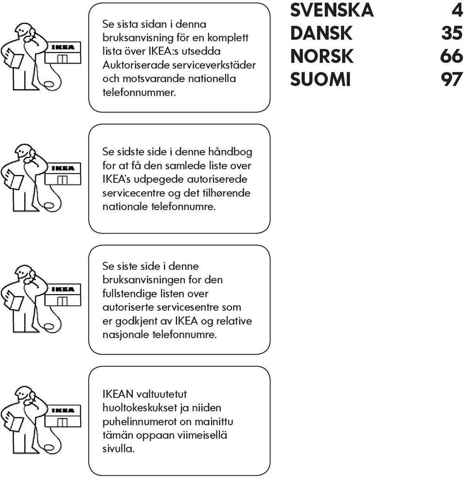 SVENSKA 4 DANSK 35 NORSK 66 SUOMI 97 Se sidste side i denne håndbog for at få den samlede liste over IKEA s udpegede autoriserede servicecentre og det