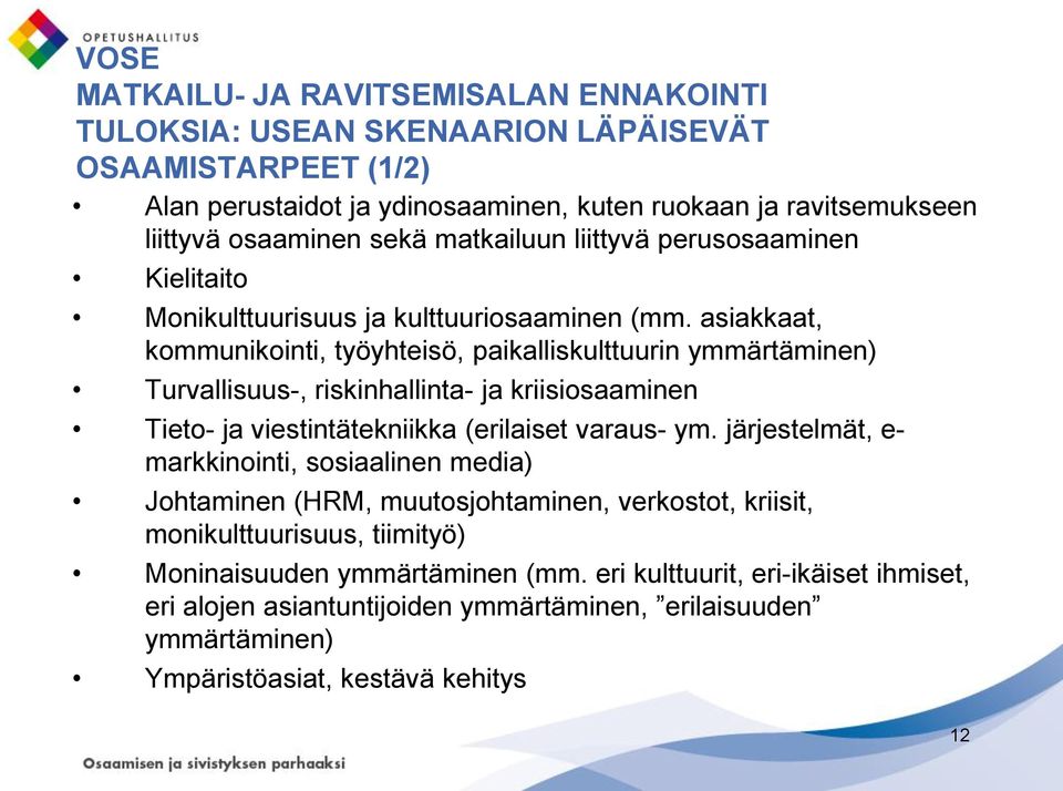 asiakkaat, kommunikointi, työyhteisö, paikalliskulttuurin ymmärtäminen) Turvallisuus-, riskinhallinta- ja kriisiosaaminen Tieto- ja viestintätekniikka (erilaiset varaus- ym.