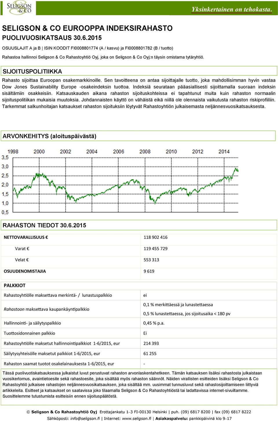 SIJOITUSPOLITIIKKA Rahasto sijoittaa Euroopan osakemarkkinoille. Sen tavoitteena on antaa sijoittajalle tuotto, joka mahdollisimman hyvin vastaa Dow Jones Sustainability Europe -osakeindeksin tuottoa.