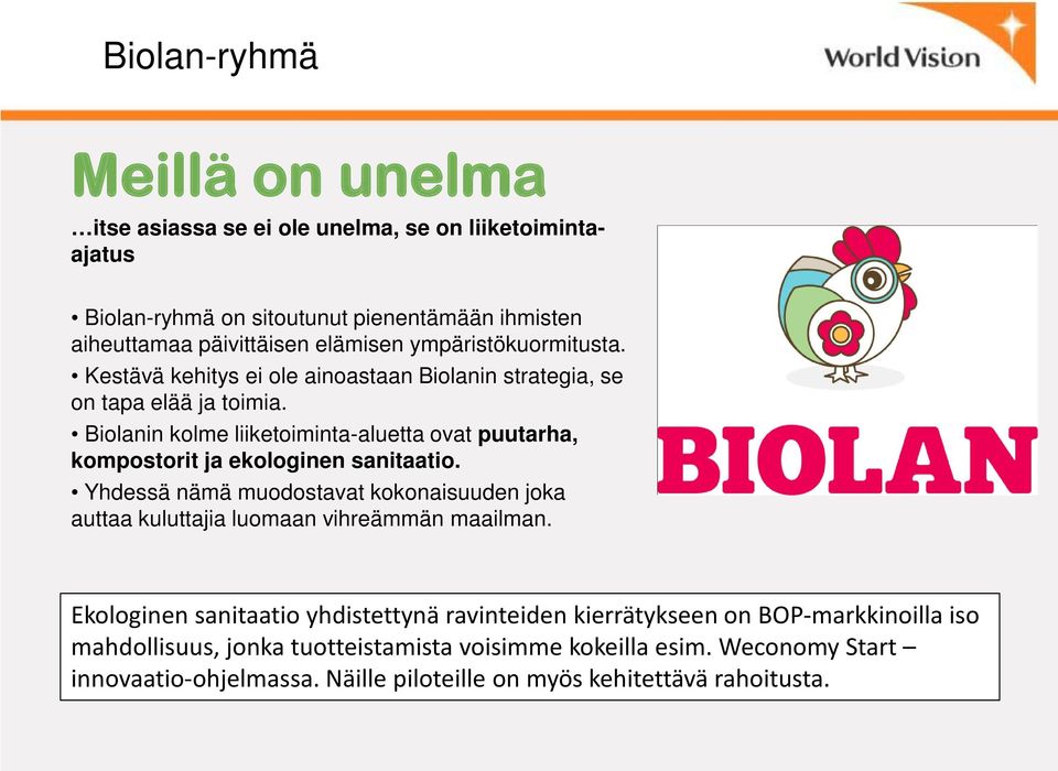 Biolanin kolme liiketoiminta-aluetta ovat puutarha, kompostorit ja ekologinen sanitaatio.