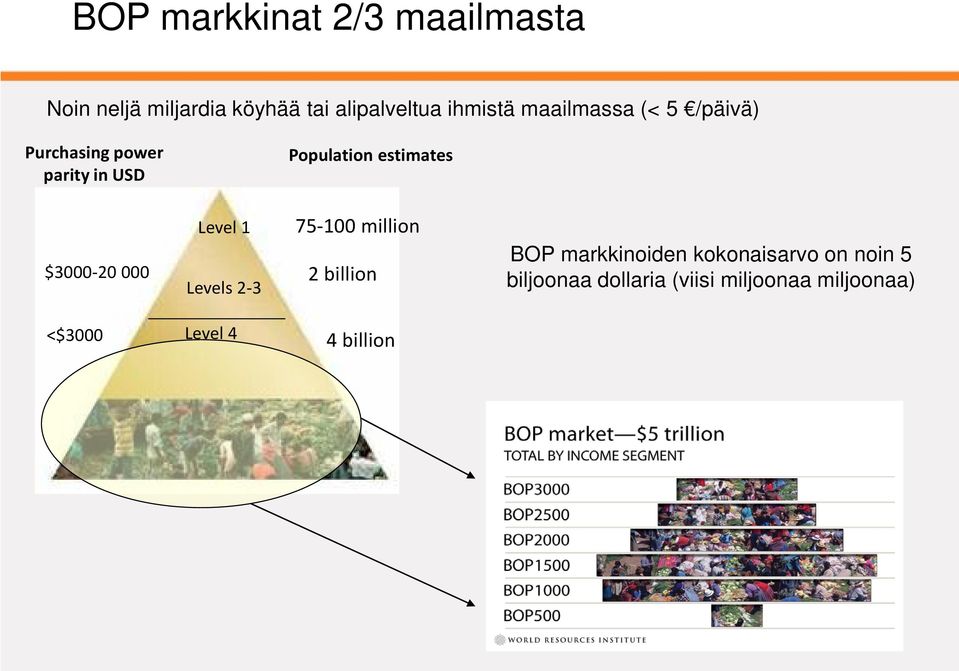 $3000-20 000 Level 1 Levels 2-3 75-100 million 2 billion BOP markkinoiden