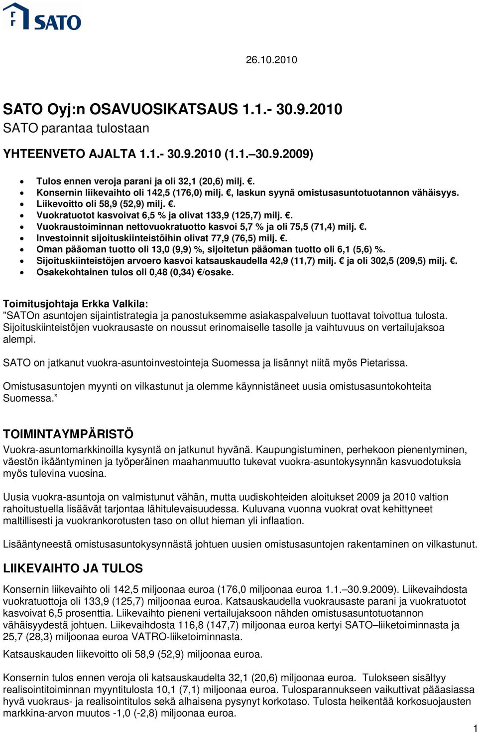 . Vuokraustoiminnan nettovuokratuotto kasvoi 5,7 % ja oli 75,5 (71,4) milj.. Investoinnit sijoituskiinteistöihin olivat 77,9 (76,5) milj.