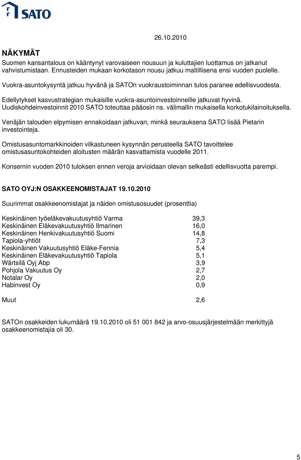 Uudiskohdeinvestoinnit 2010 SATO toteuttaa pääosin ns. välimallin mukaisella korkotukilainoituksella.