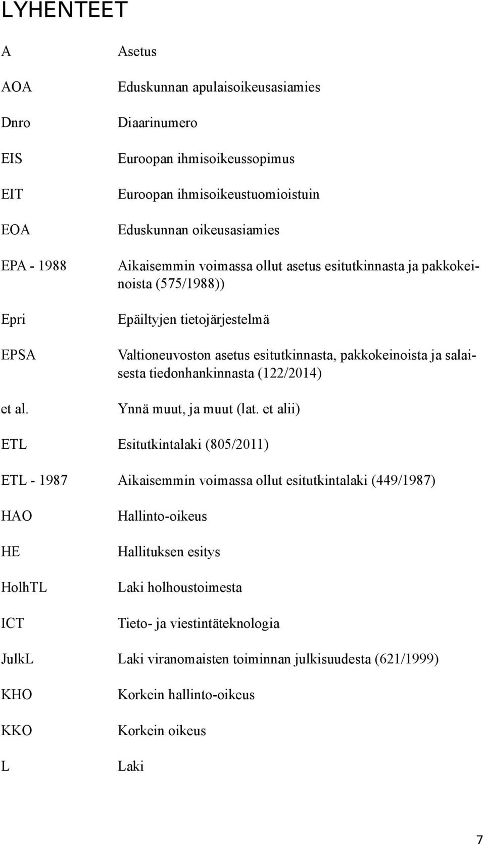 ja pakkokeinoista (575/1988)) Epäiltyjen tietojärjestelmä Valtioneuvoston asetus esitutkinnasta, pakkokeinoista ja salaisesta tiedonhankinnasta (122/2014) Ynnä muut, ja muut (lat.