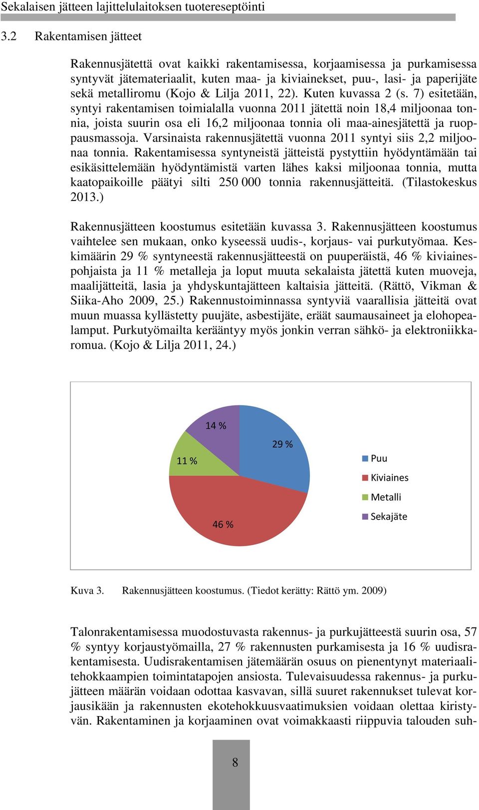 7) esitetään, syntyi rakentamisen toimialalla vuonna 2011 jätettä noin 18,4 miljoonaa tonnia, joista suurin osa eli 16,2 miljoonaa tonnia oli maa-ainesjätettä ja ruoppausmassoja.