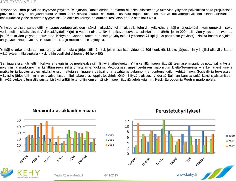 Kehyn neuvontapalveluihin ollaan asiakkaiden keskuudessa yleisesti erittäin tyytyväisiä. Asiakkailta kerätyn palautteen keskiarvo on 9,5 asteikolla 4-10.